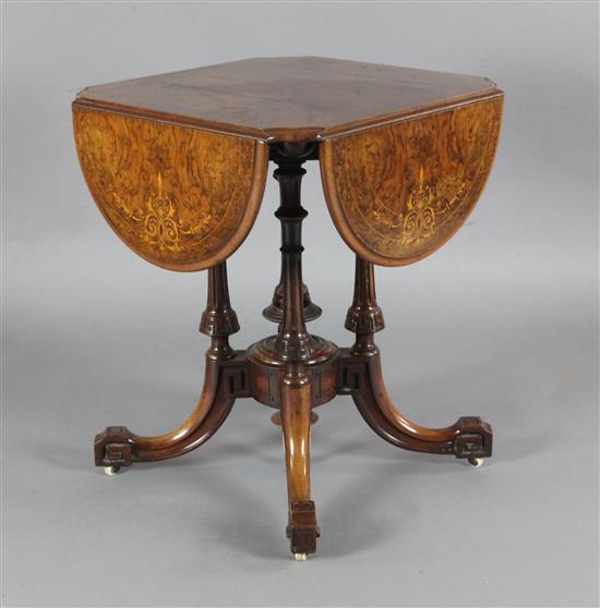 A Victorian marquetry inlaid figured walnut drop flap centre table, W.2ft D.2ft H.2ft 5in.
